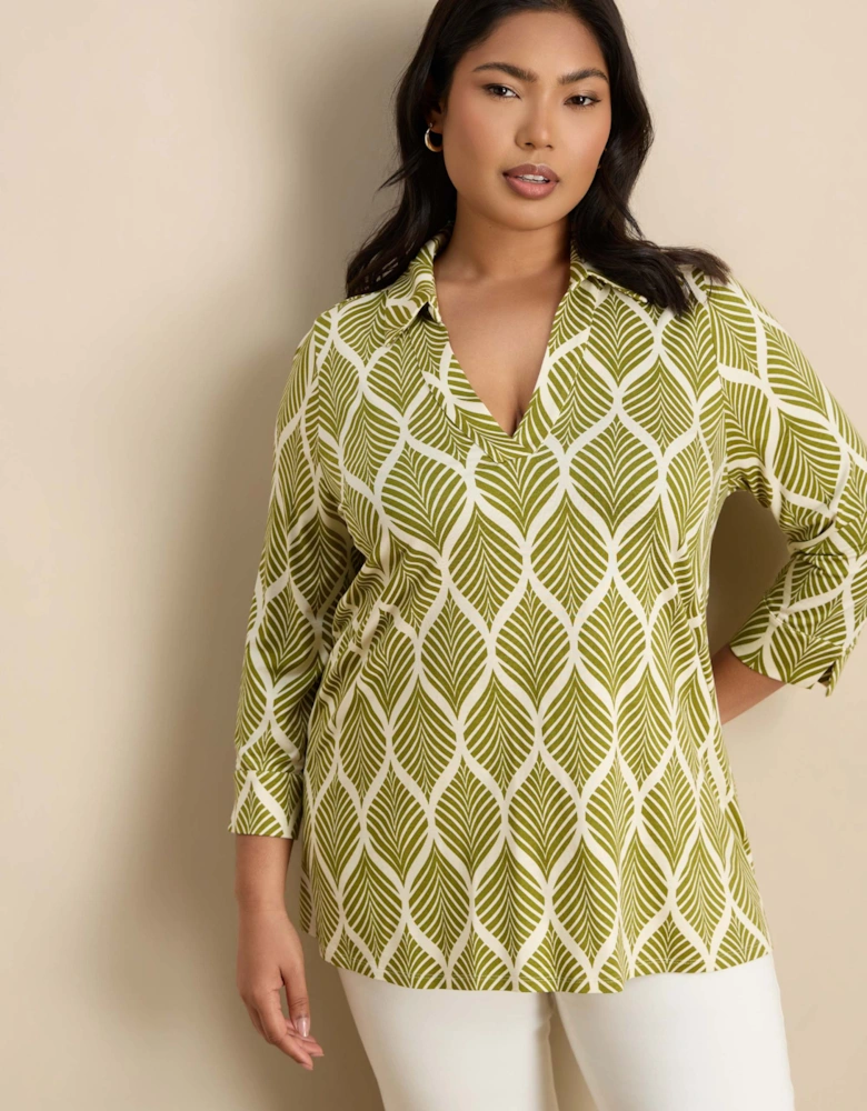 Chartreuse  Print 3/4 Sleeve Collared V-Neck Jersey Top