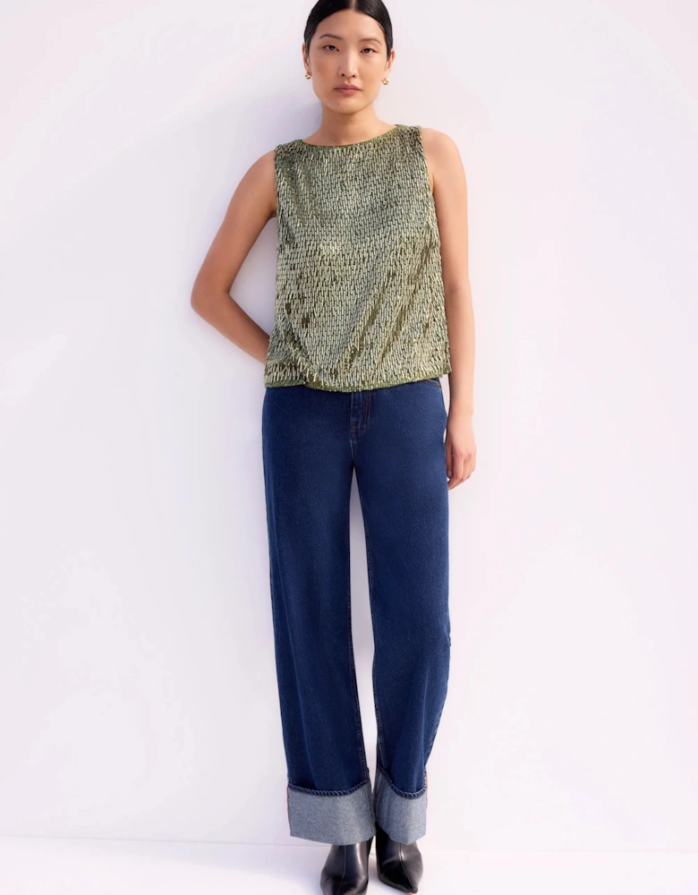 Olive-Green Sequinned Bead-Embellished Top