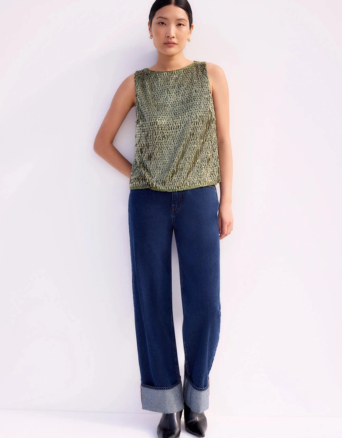 Olive-Green Sequinned Bead-Embellished Top