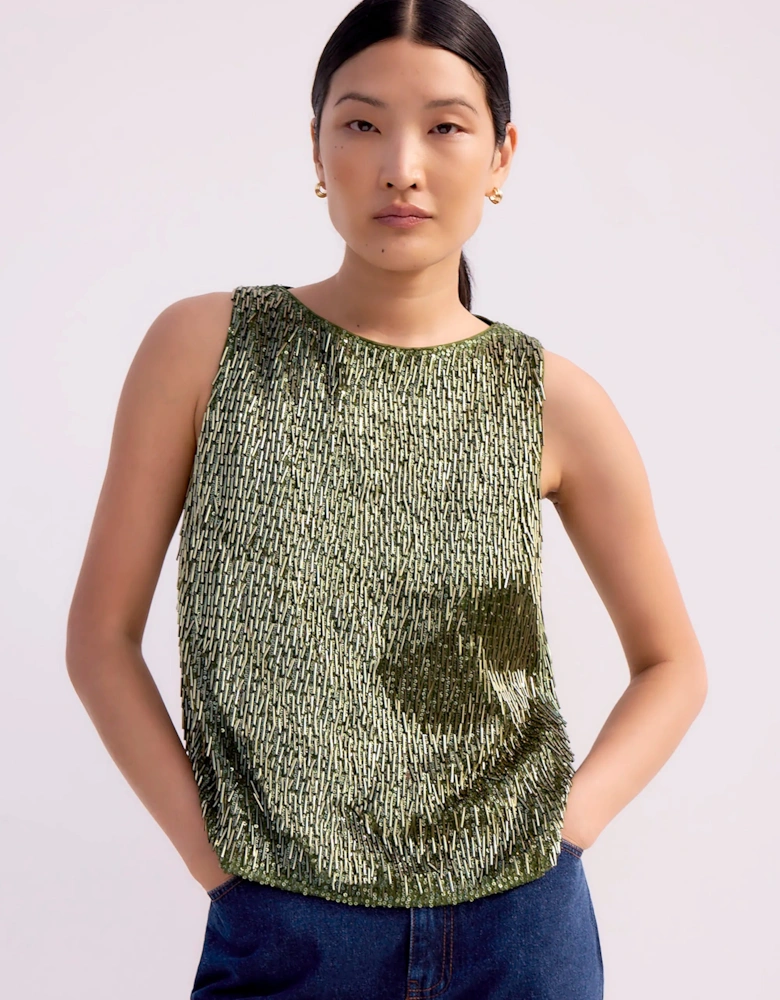 Olive-Green Sequinned Bead-Embellished Top