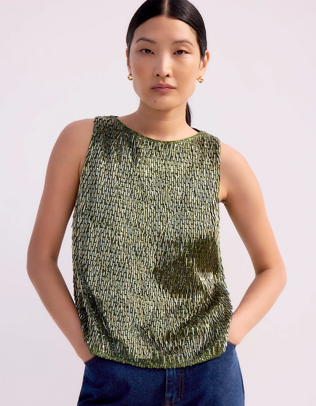 Olive-Green Sequinned Bead-Embellished Top