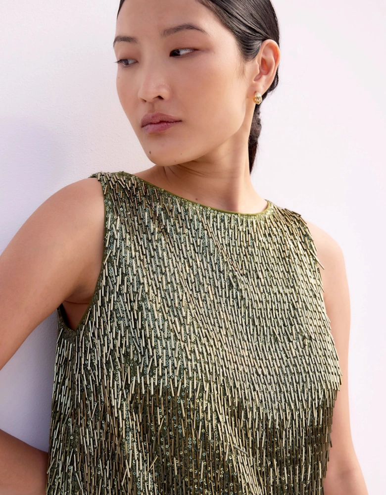 Olive-Green Sequinned Bead-Embellished Top