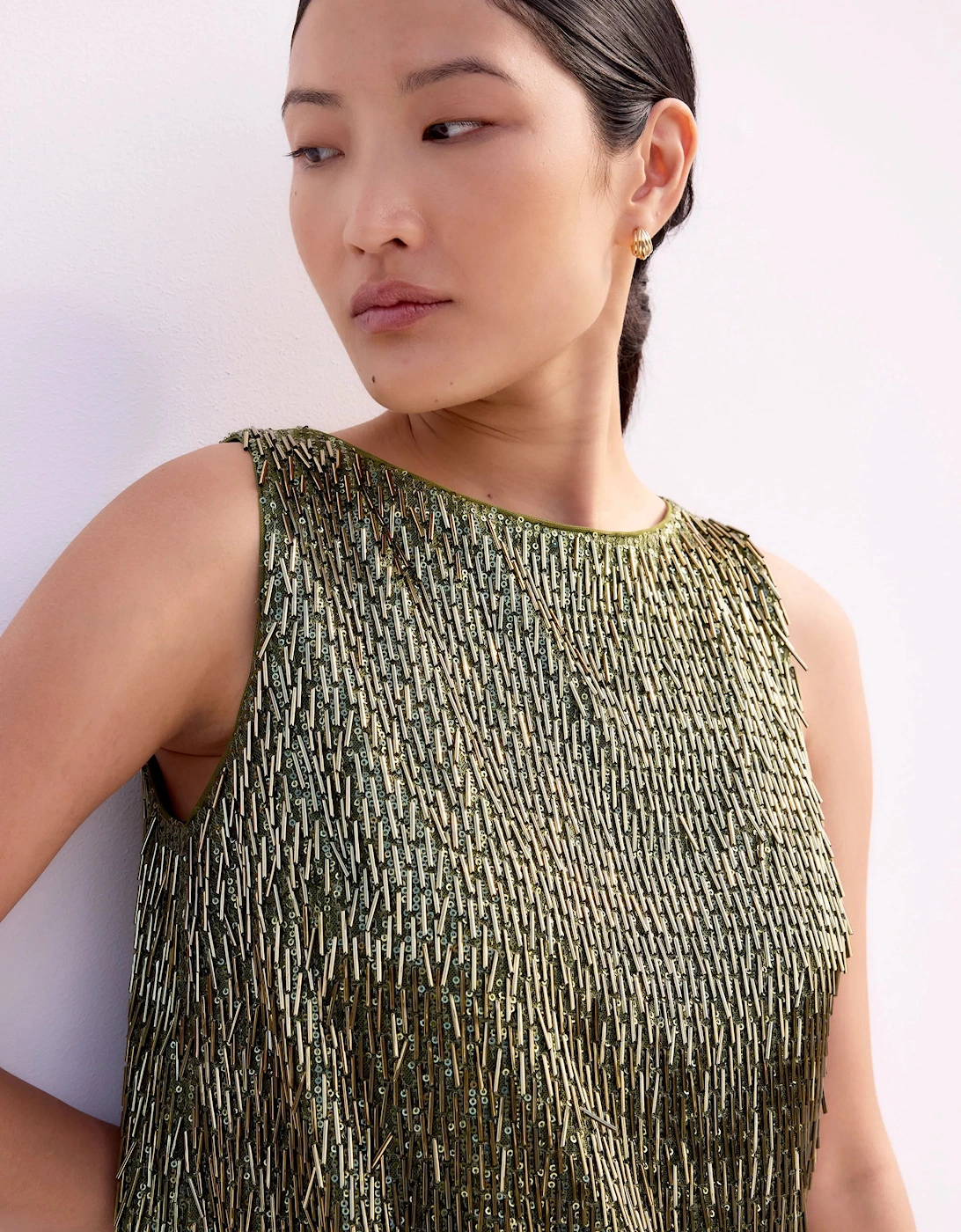 Olive-Green Sequinned Bead-Embellished Top