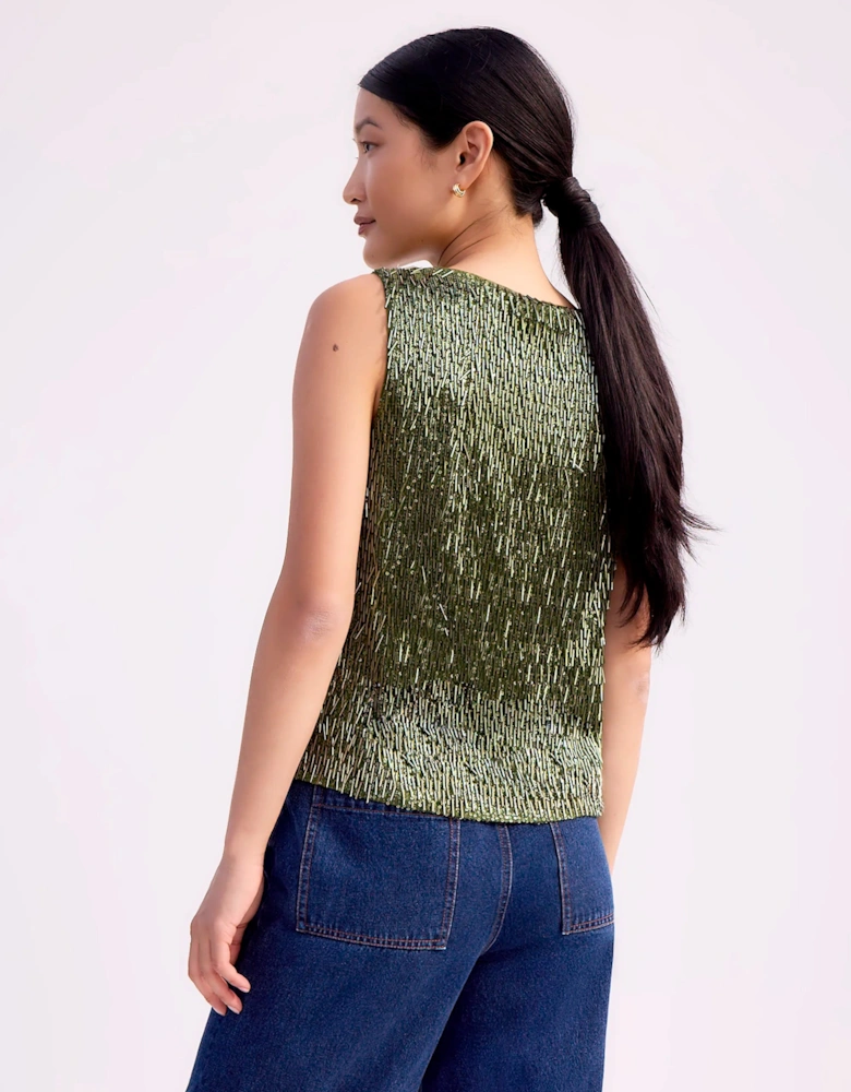 Olive-Green Sequinned Bead-Embellished Top