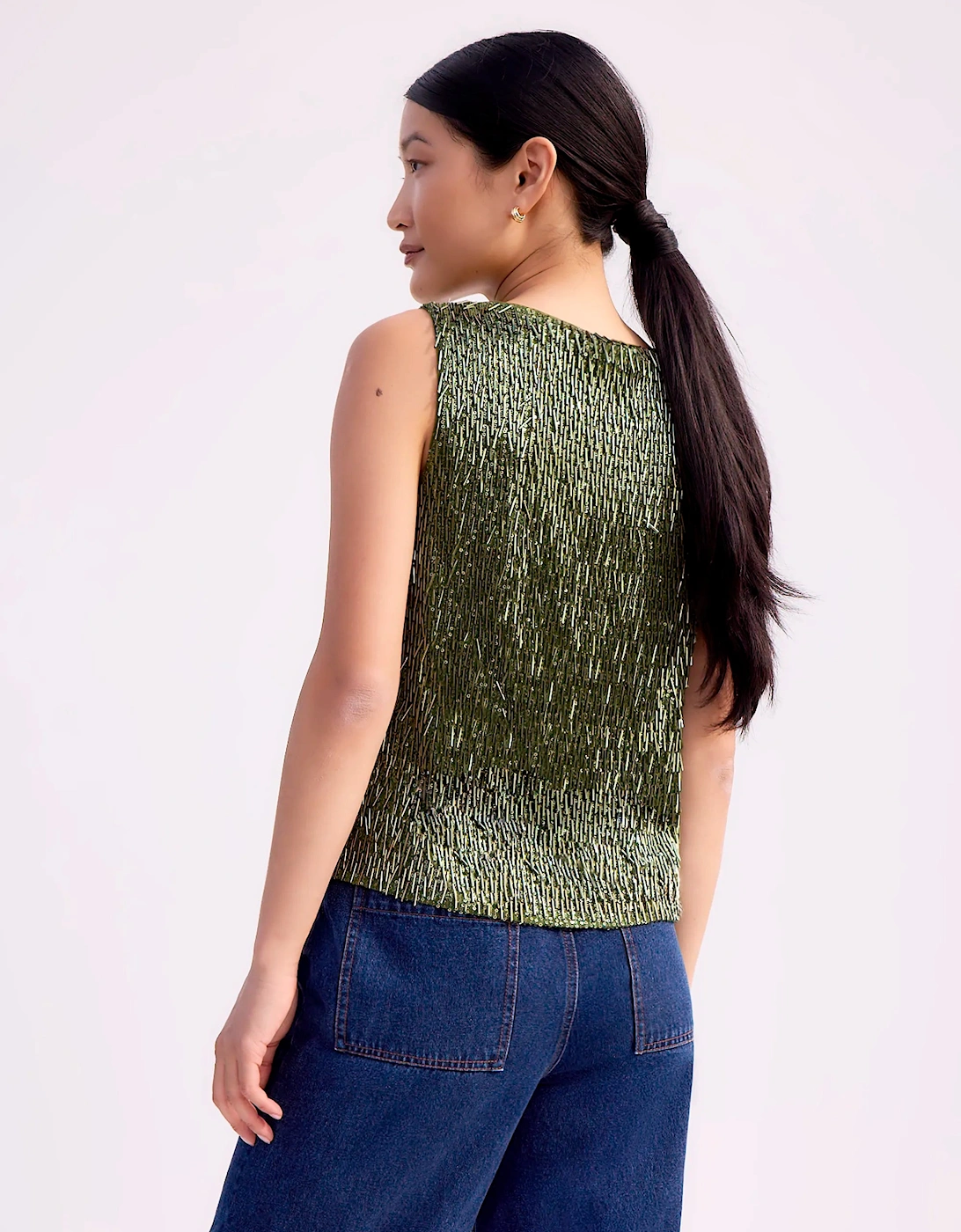 Olive-Green Sequinned Bead-Embellished Top