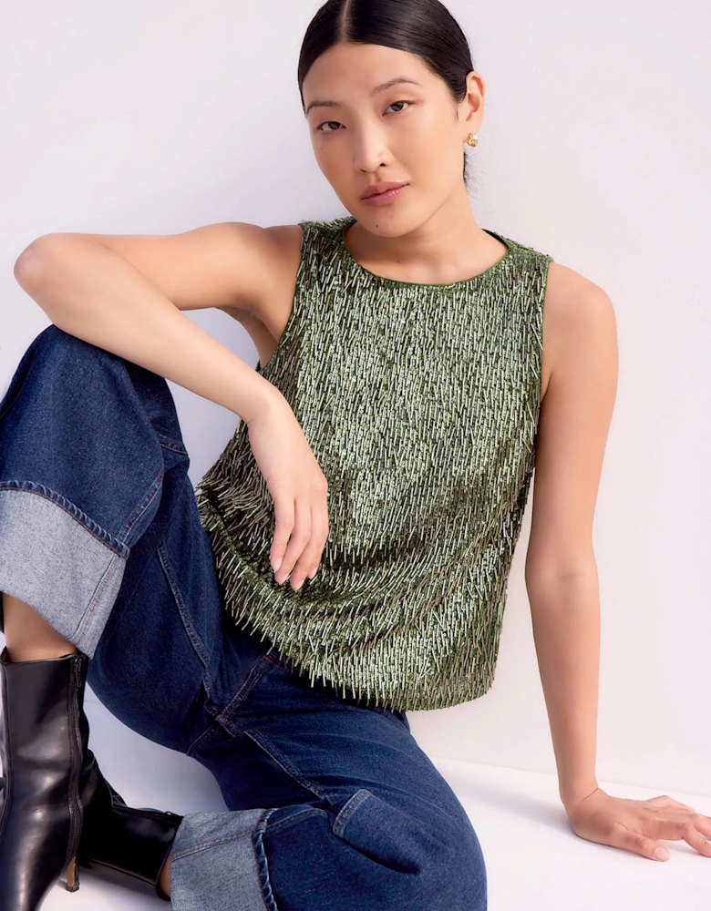 Olive-Green Sequinned Bead-Embellished Top