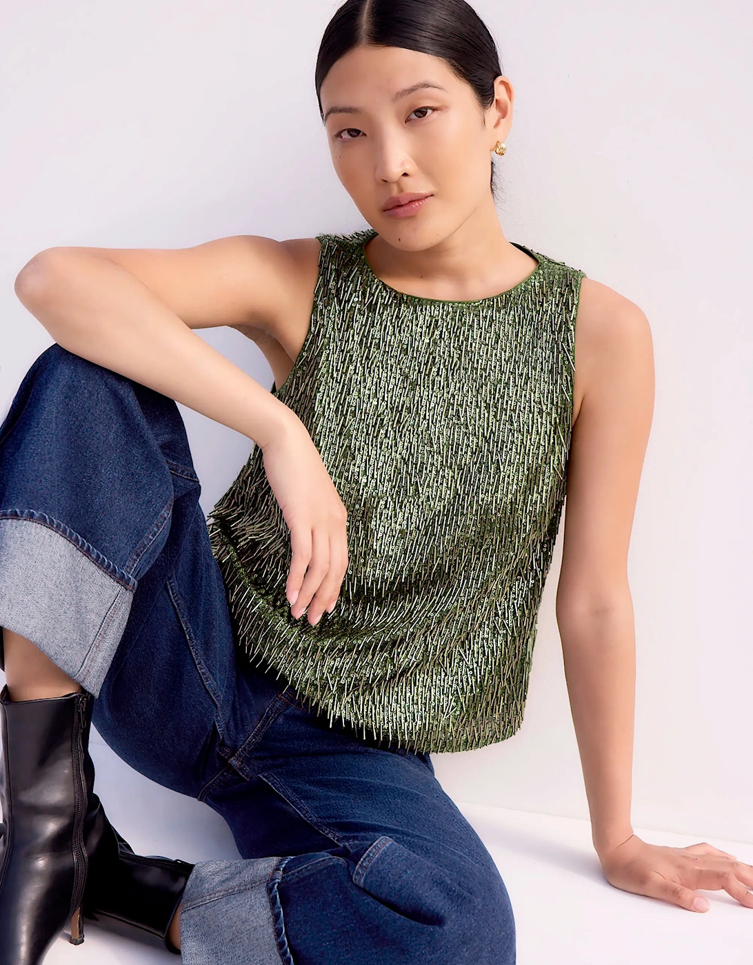 Olive-Green Sequinned Bead-Embellished Top