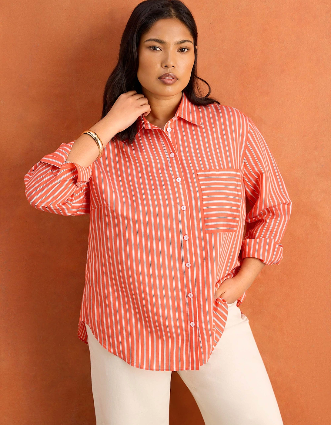 Orange Modal Stripe Shirt With Patch Pocket