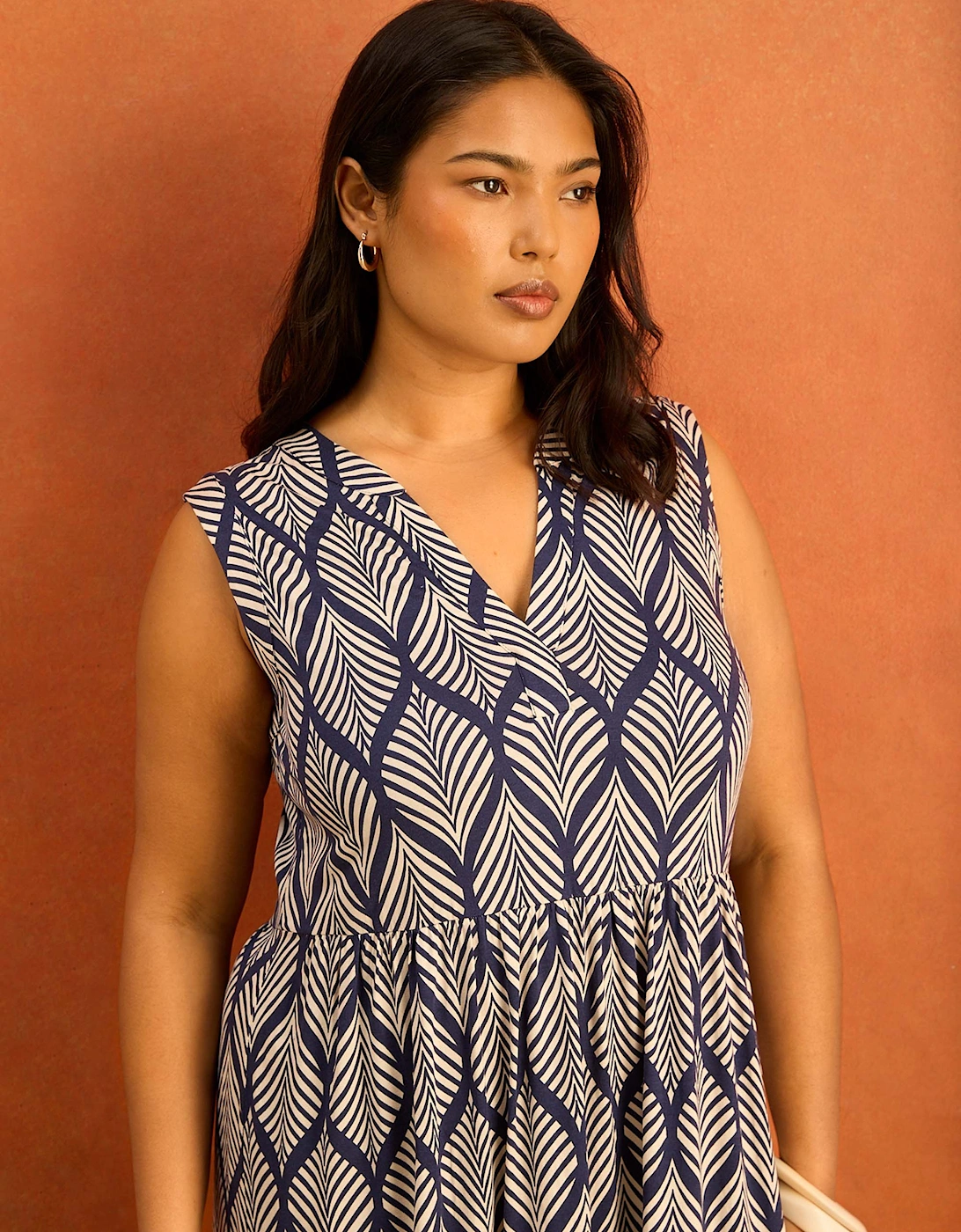 Petite Navy Print Nehru Collar Tiered Jersey Maxi Dress