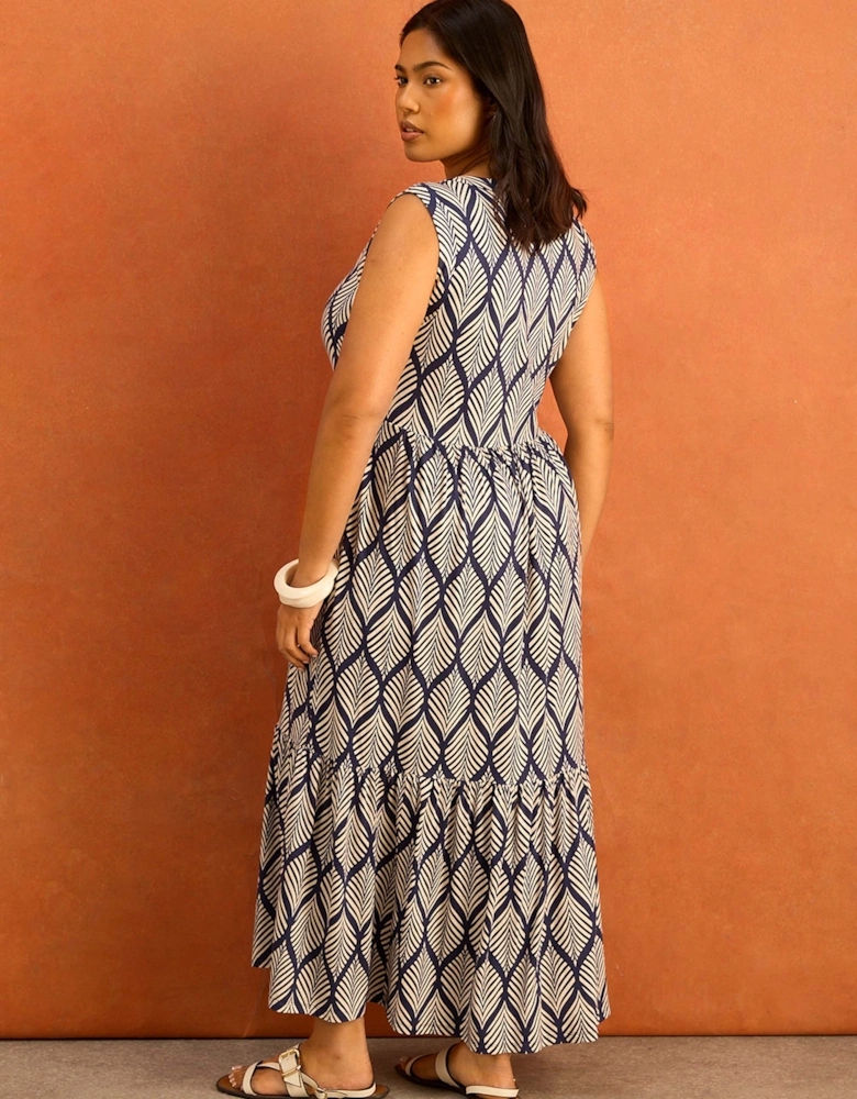 Petite Navy Print Nehru Collar Tiered Jersey Maxi Dress