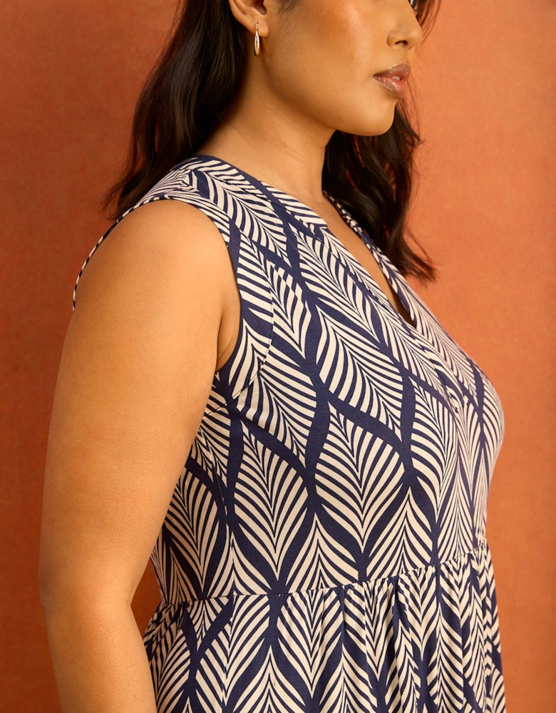 Petite Navy Print Nehru Collar Tiered Jersey Maxi Dress