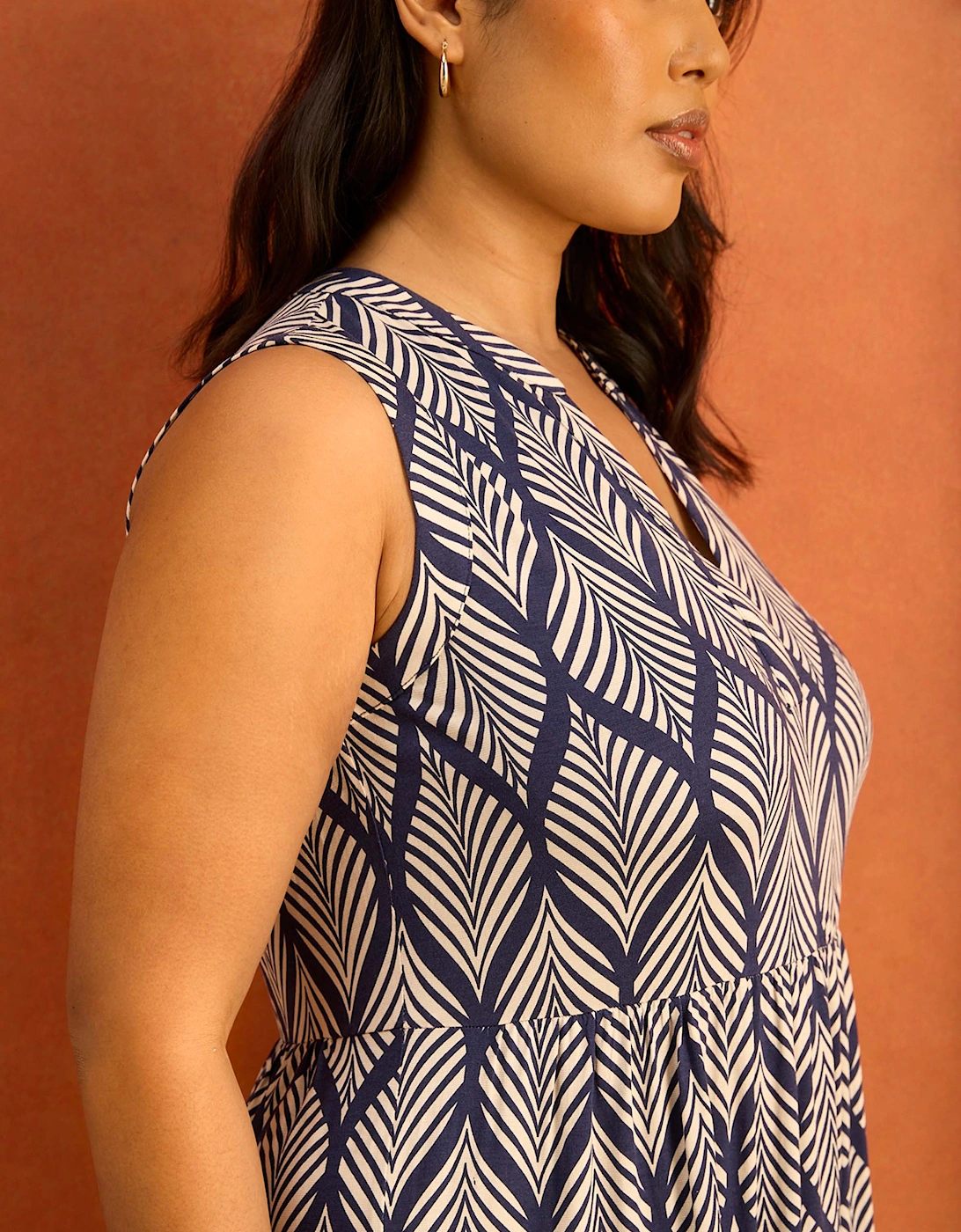 Petite Navy Print Nehru Collar Tiered Jersey Maxi Dress