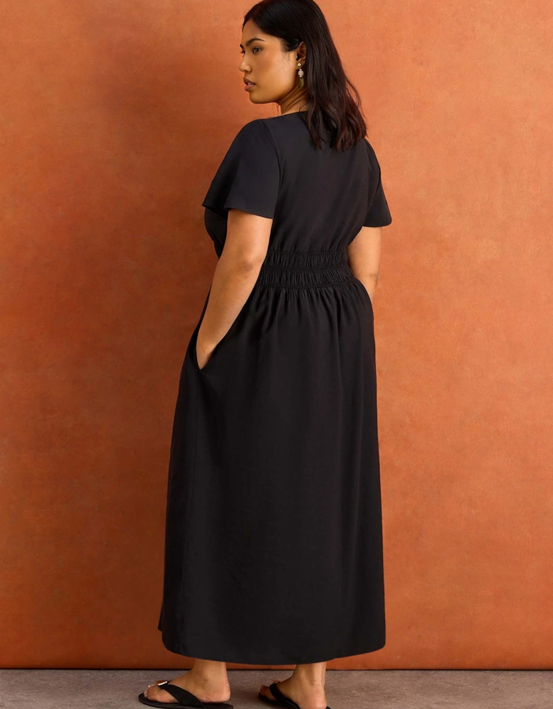 Black Shirred Waist Short Sleeve Midaxi Dress