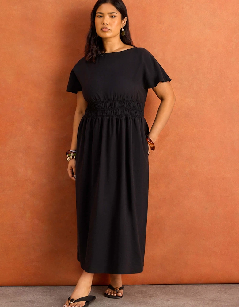 Black Shirred Waist Short Sleeve Midaxi Dress