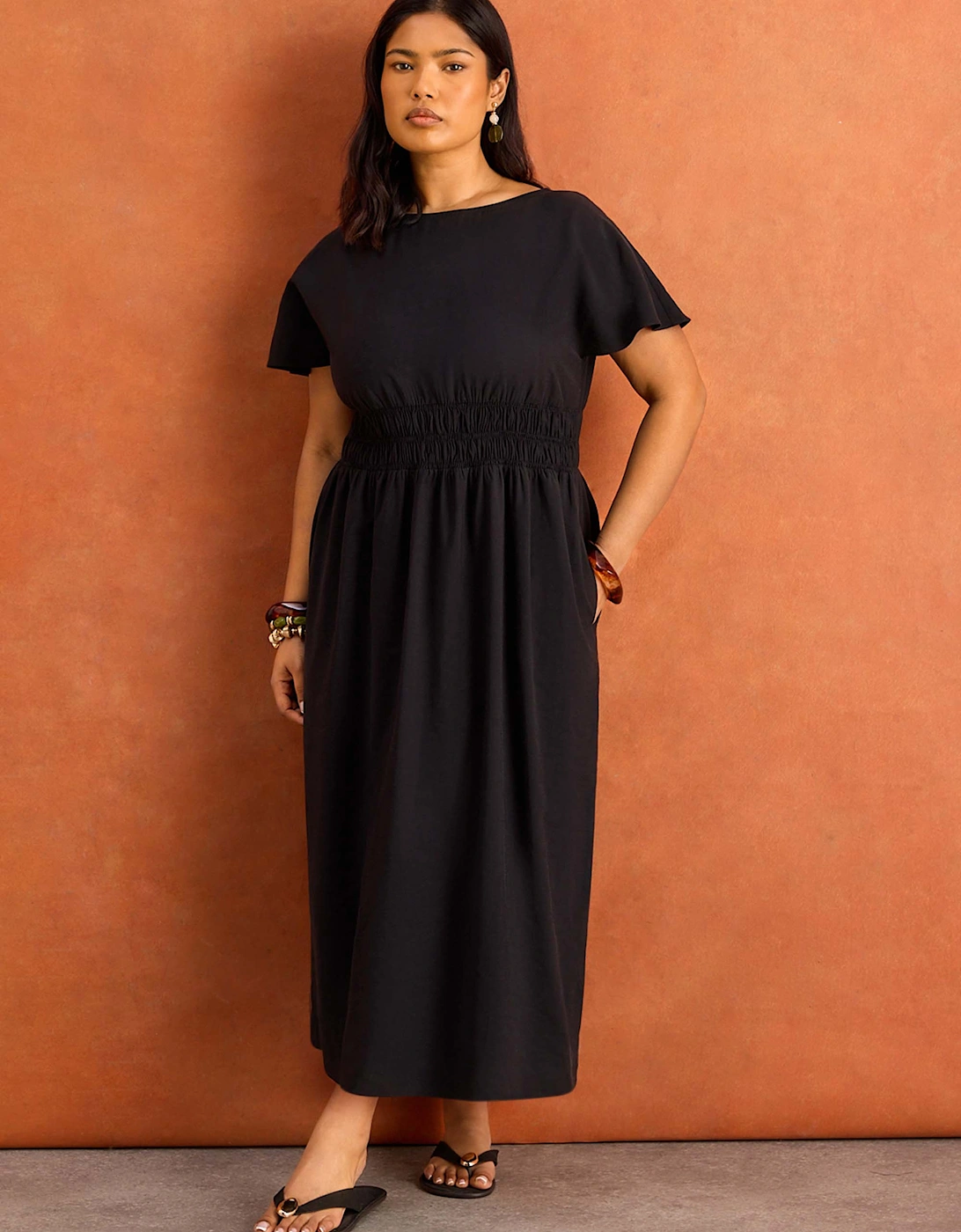 Black Shirred Waist Short Sleeve Midaxi Dress