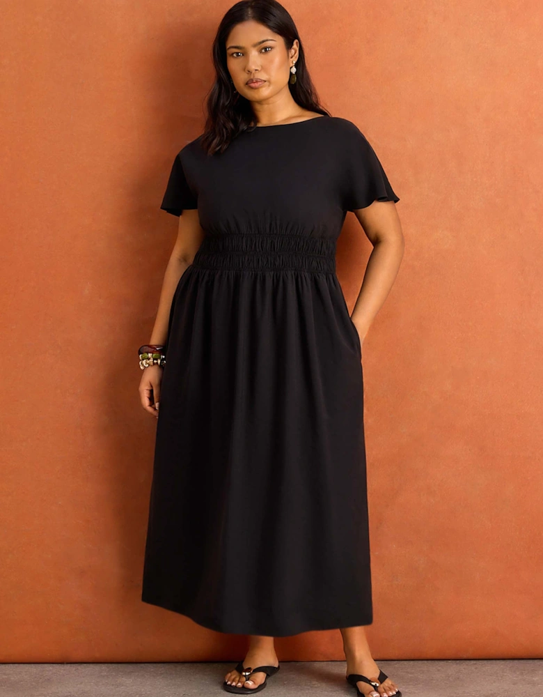 Black Shirred Waist Short Sleeve Midaxi Dress