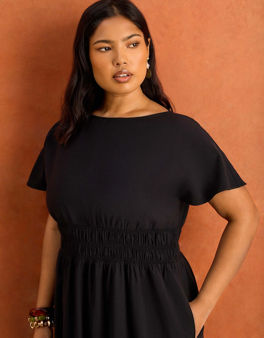 Black Shirred Waist Short Sleeve Midaxi Dress