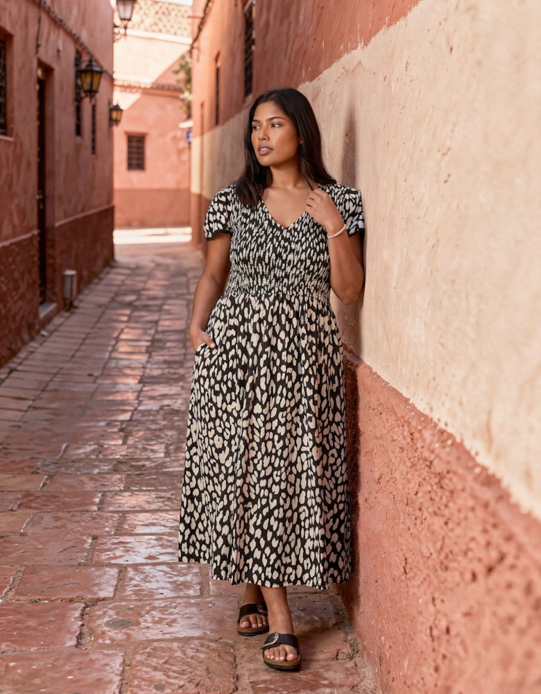 Black Mono Animal Print Shirred Cotton Midi Dress