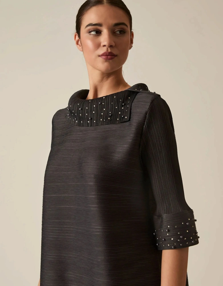 Charcoal Embellished Pleat Dress