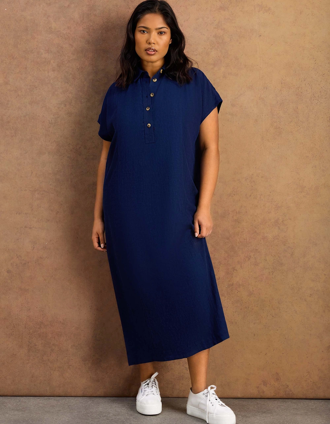 Navy Linen Blend Button Front Midaxi Shirt Dress