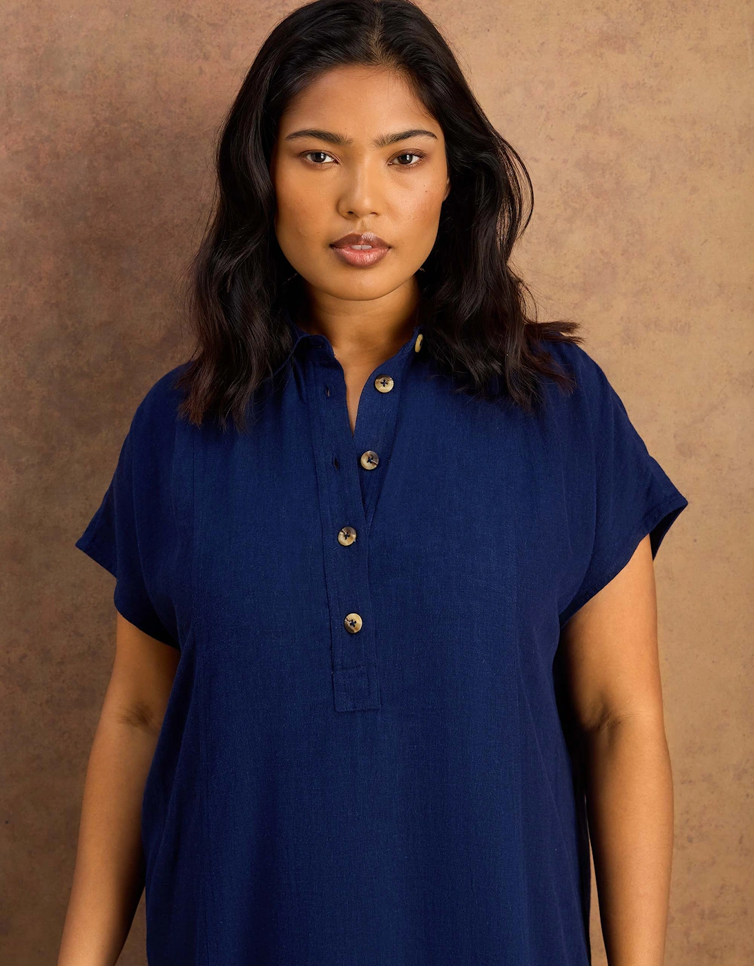 Navy Linen Blend Button Front Midaxi Shirt Dress