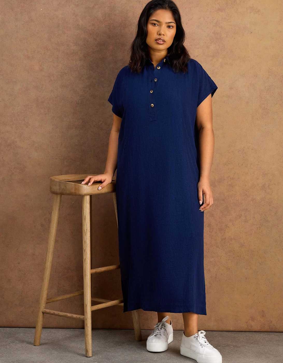 Navy Linen Blend Button Front Midaxi Shirt Dress