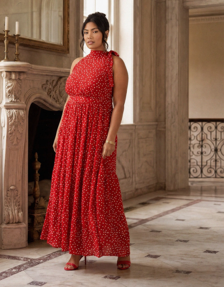 Red Polka Dot Halter Neck Maxi Dress