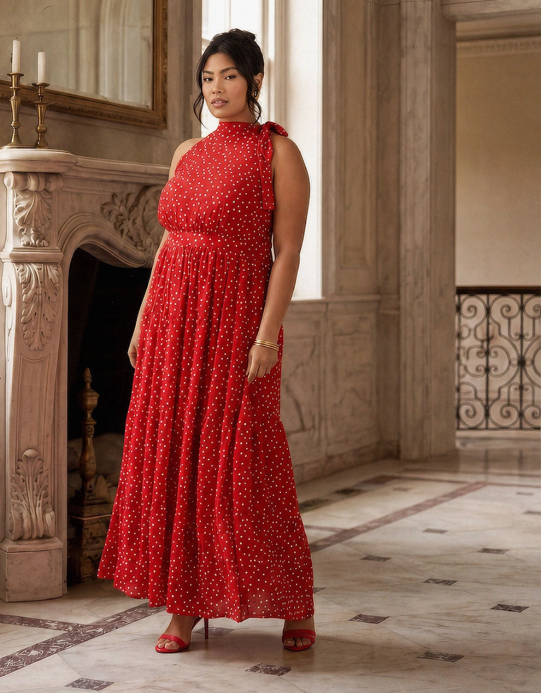 Red Polka Dot Halter Neck Maxi Dress