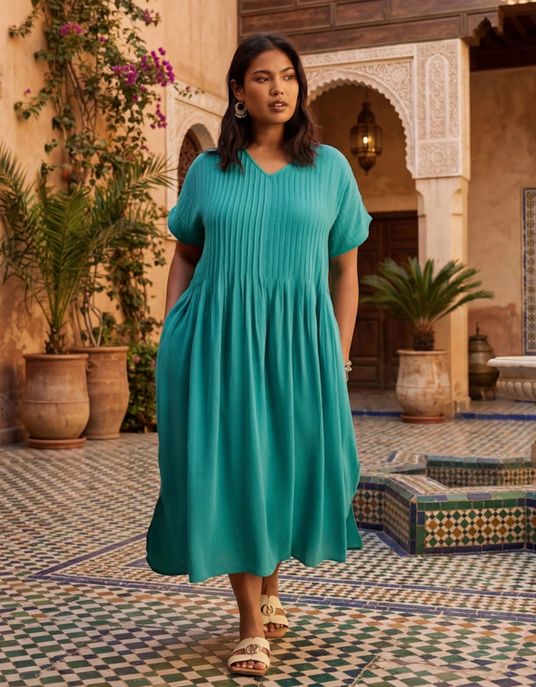 Petite Teal Pleated Midi Dress