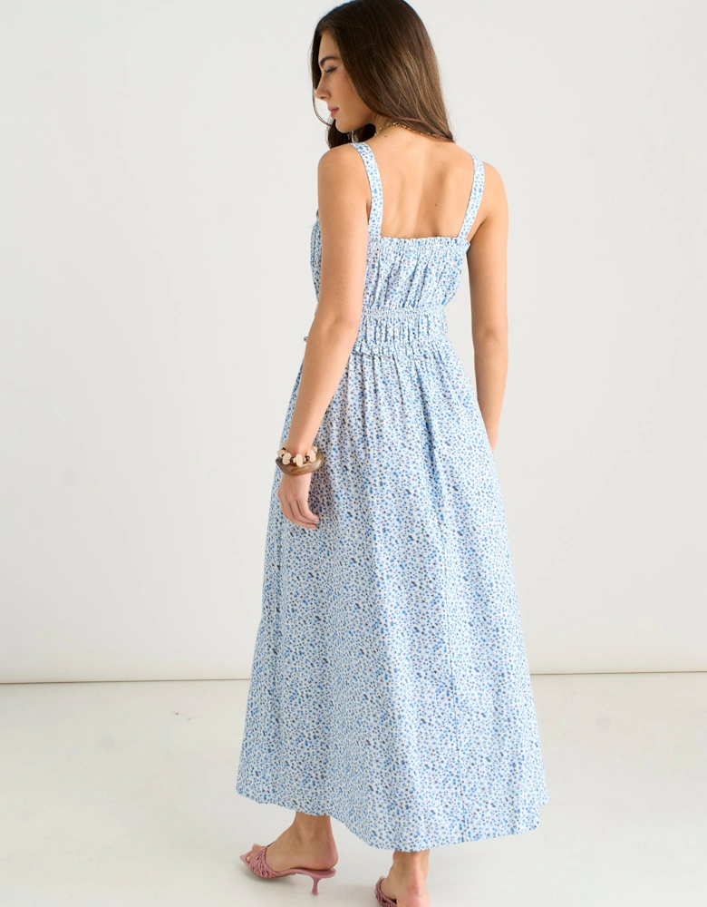 Blue Ditsy Floral Shirred Bodice Midi Dress