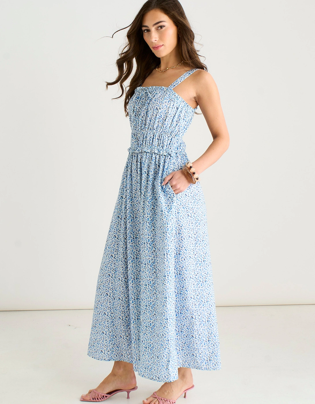Blue Ditsy Floral Shirred Bodice Midi Dress