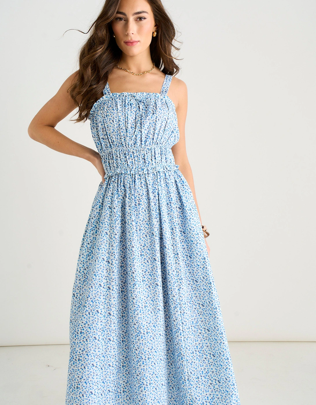 Blue Ditsy Floral Shirred Bodice Midi Dress