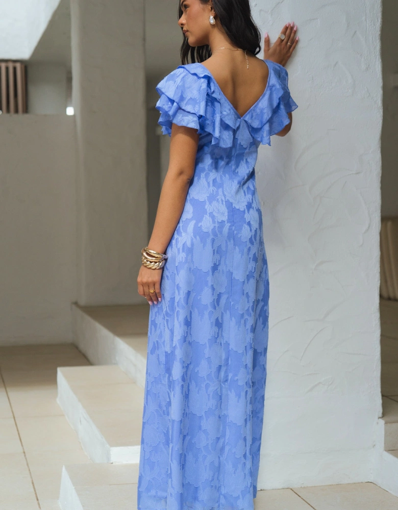Blue Satin Jacquard Ruffle Maxi Dress