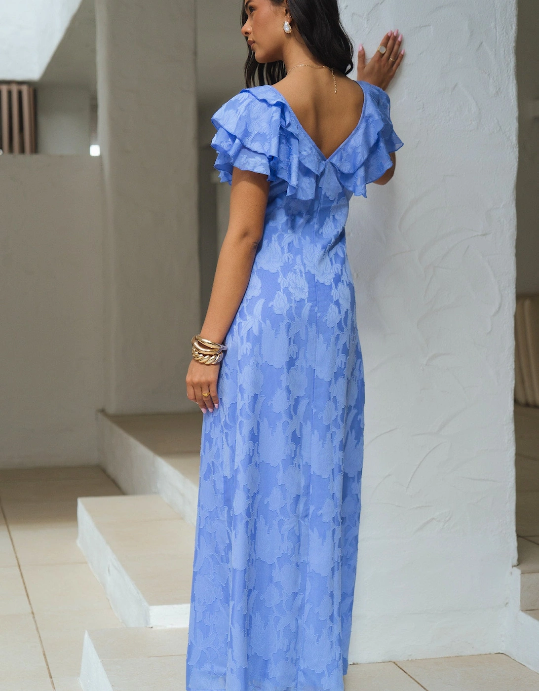 Blue Satin Jacquard Ruffle Maxi Dress