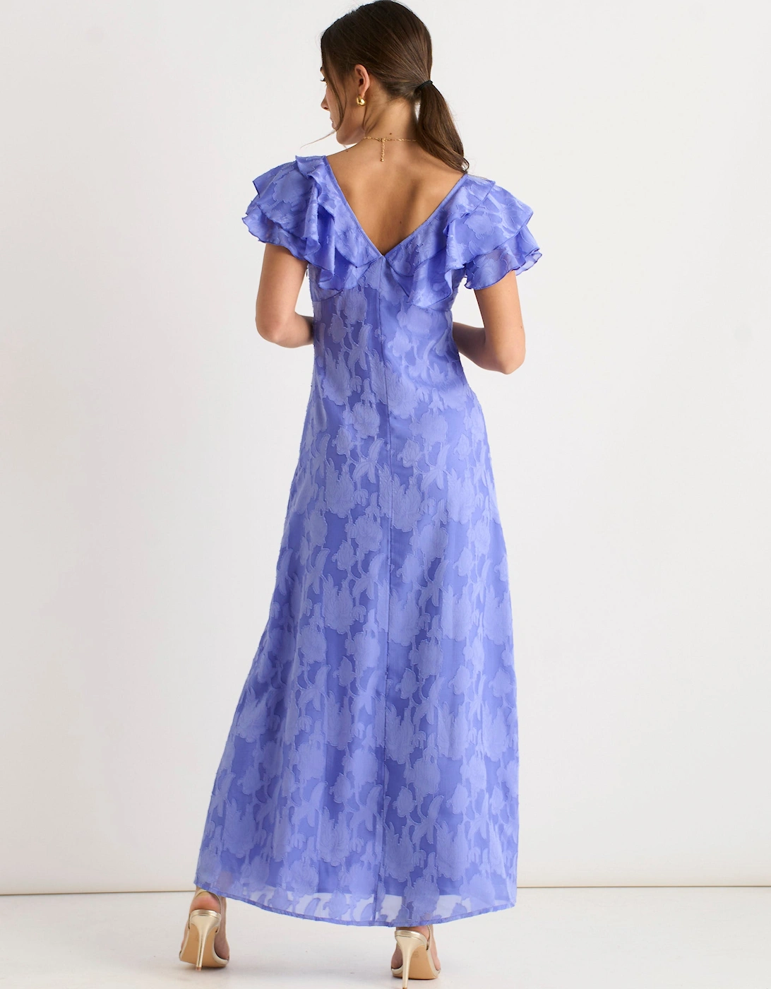 Blue Satin Jacquard Ruffle Maxi Dress