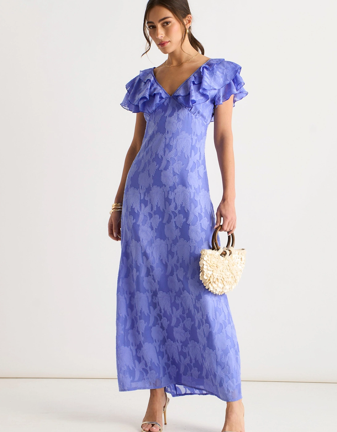 Blue Satin Jacquard Ruffle Maxi Dress