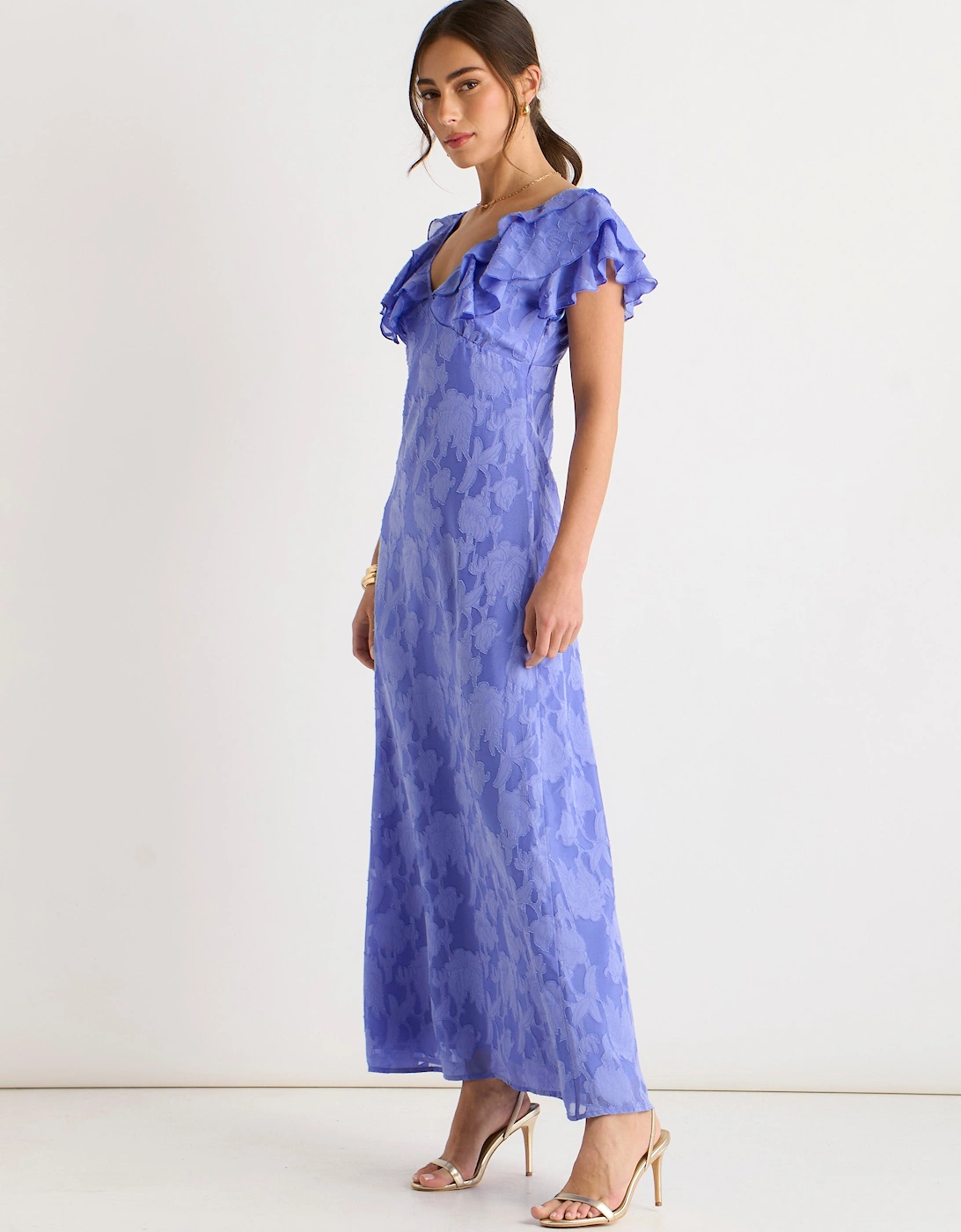 Blue Satin Jacquard Ruffle Maxi Dress