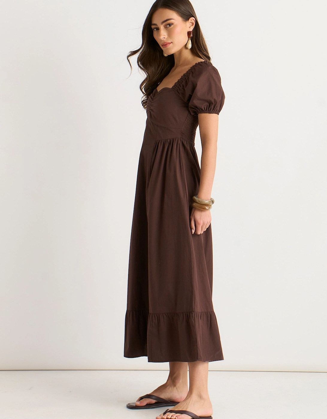 Brown Gypsy Puff Sleeves Cotton Midaxi Dress