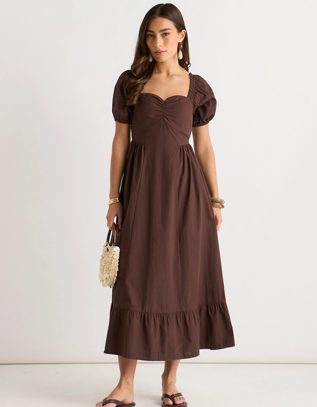 Brown Gypsy Puff Sleeves Cotton Midaxi Dress