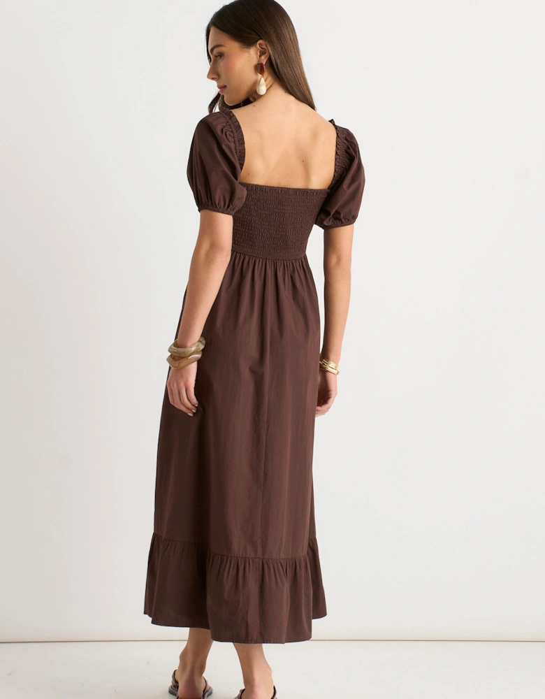 Brown Gypsy Puff Sleeves Cotton Midaxi Dress
