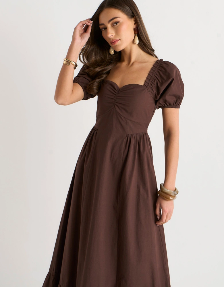 Brown Gypsy Puff Sleeves Cotton Midaxi Dress