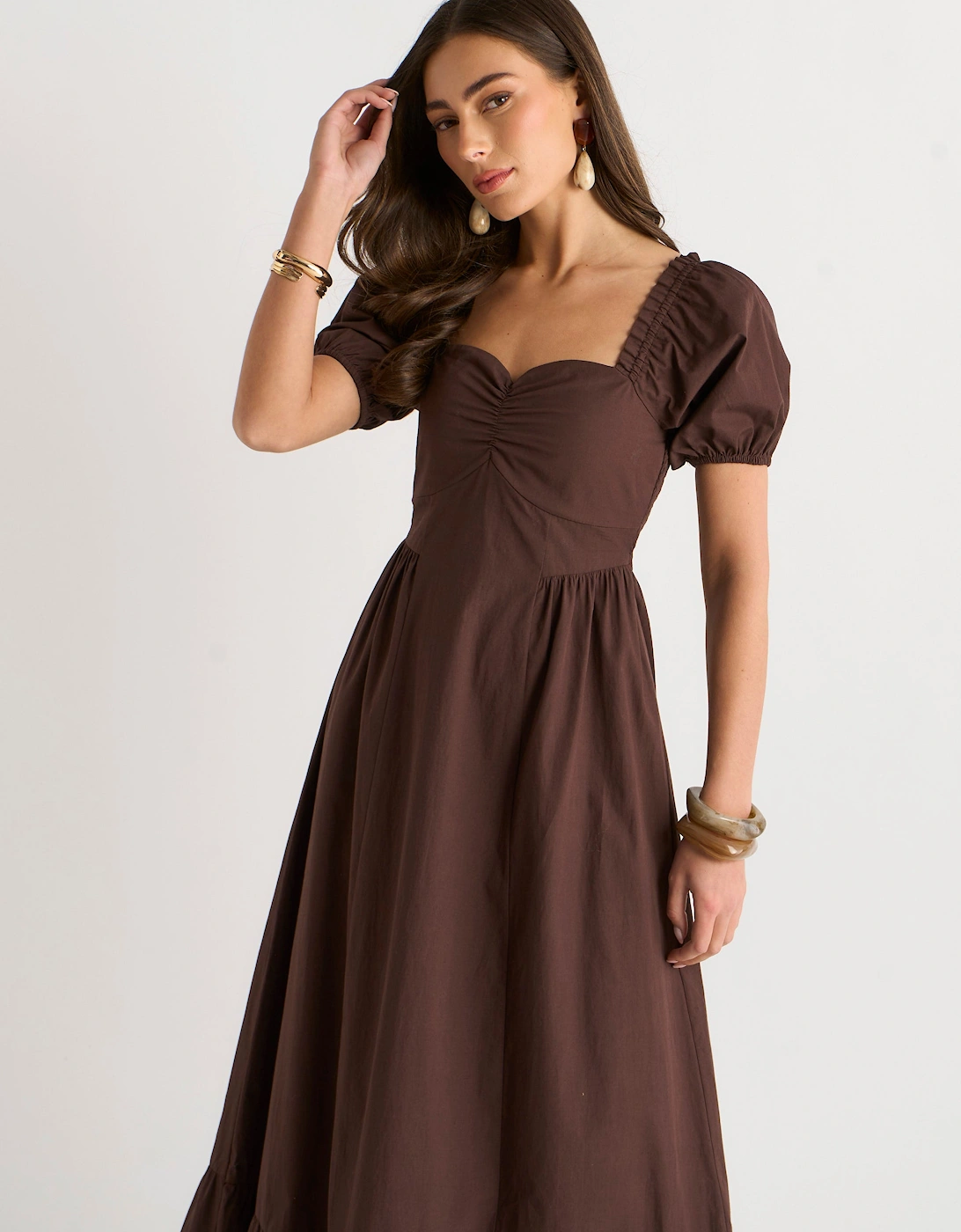 Brown Gypsy Puff Sleeves Cotton Midaxi Dress