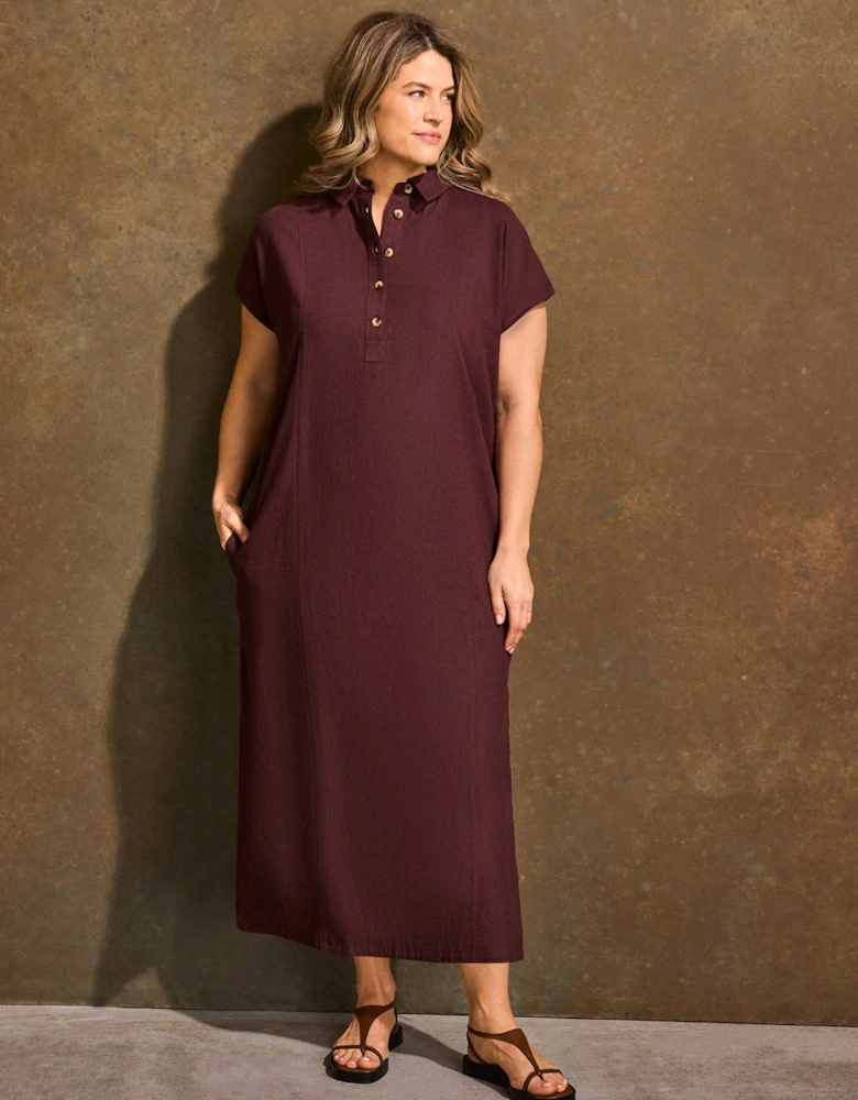 Chocolate Linen Blend Button Front Midaxi Shirt Dress