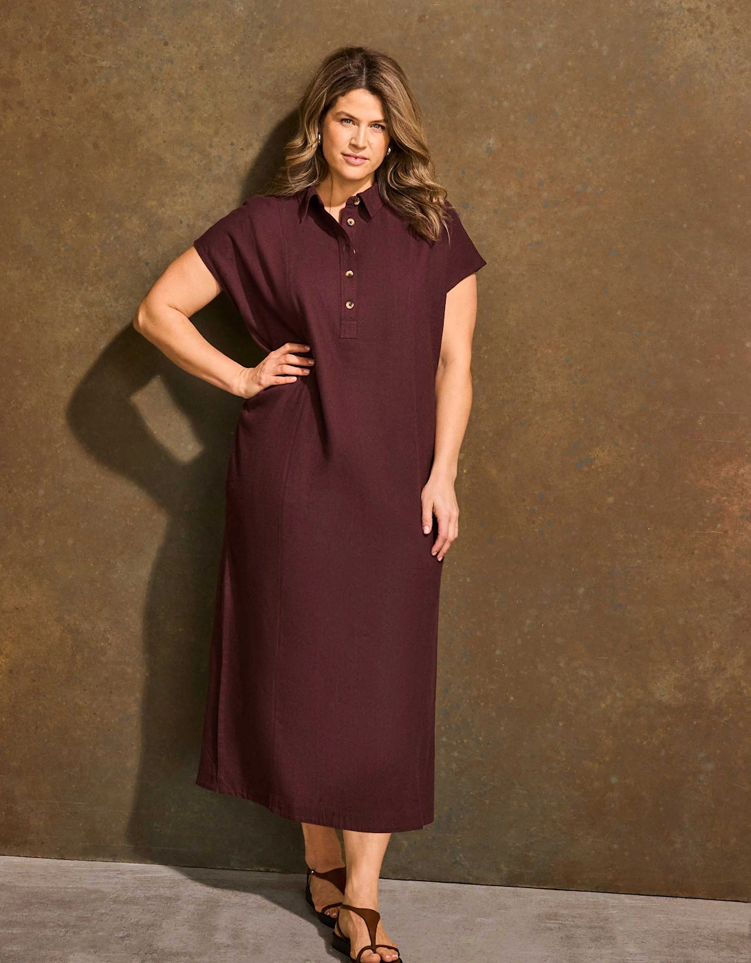 Chocolate Linen Blend Button Front Midaxi Shirt Dress