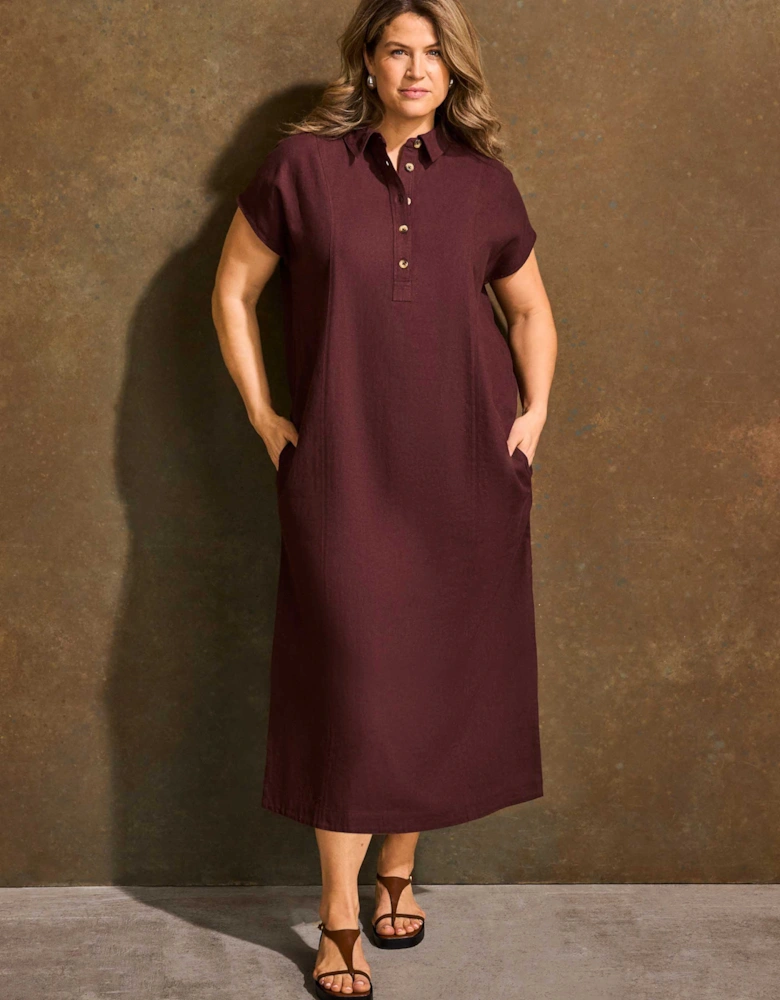 Chocolate Linen Blend Button Front Midaxi Shirt Dress