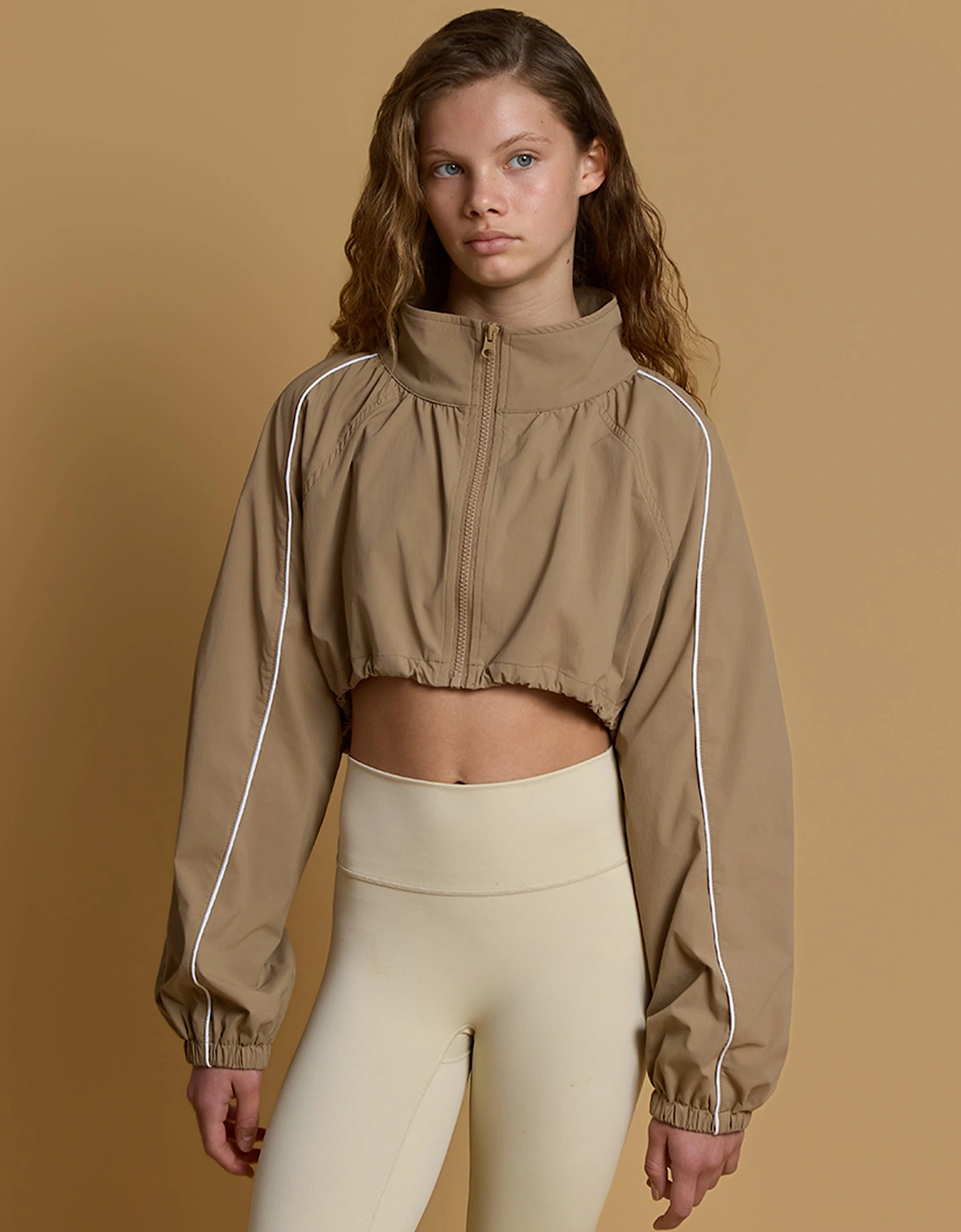 Blanca Sport Girls Cropped Windbreaker with Piping in Brown, 5 of 4