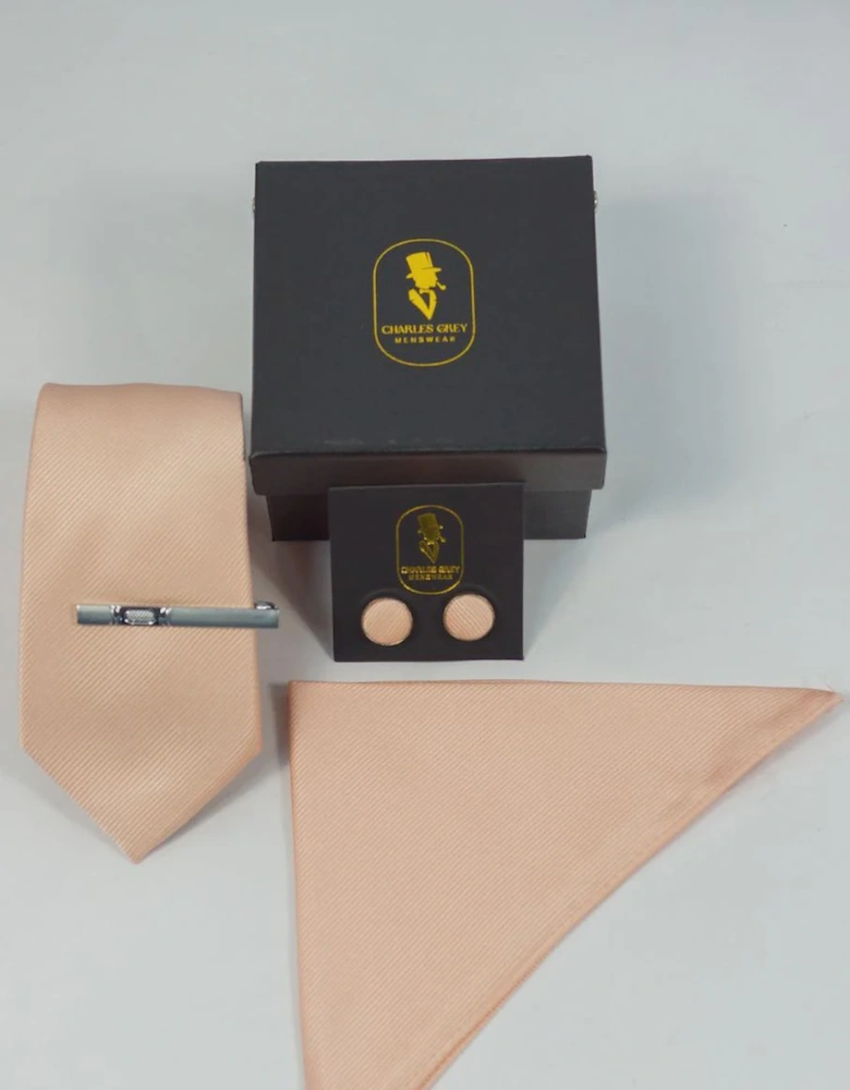 Charles Grey Tie, Pocket Square, Cuff Link & Tie Clip Set - Blush Pink