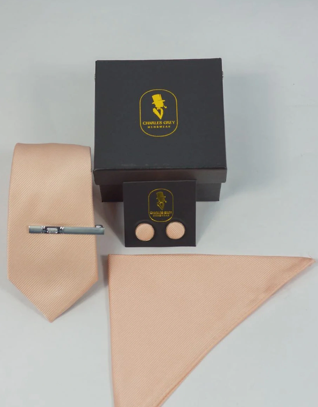 Charles Grey Tie, Pocket Square, Cuff Link & Tie Clip Set - Blush Pink