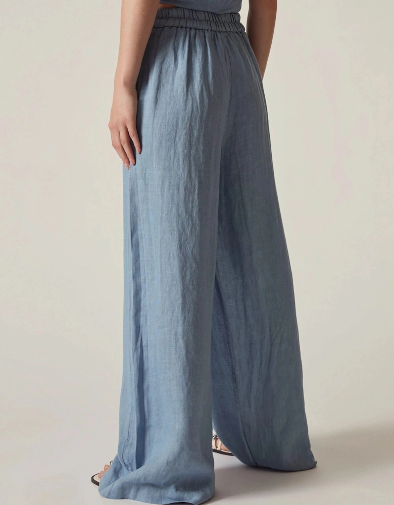 Denim Blue Linen Wide-Leg Trousers