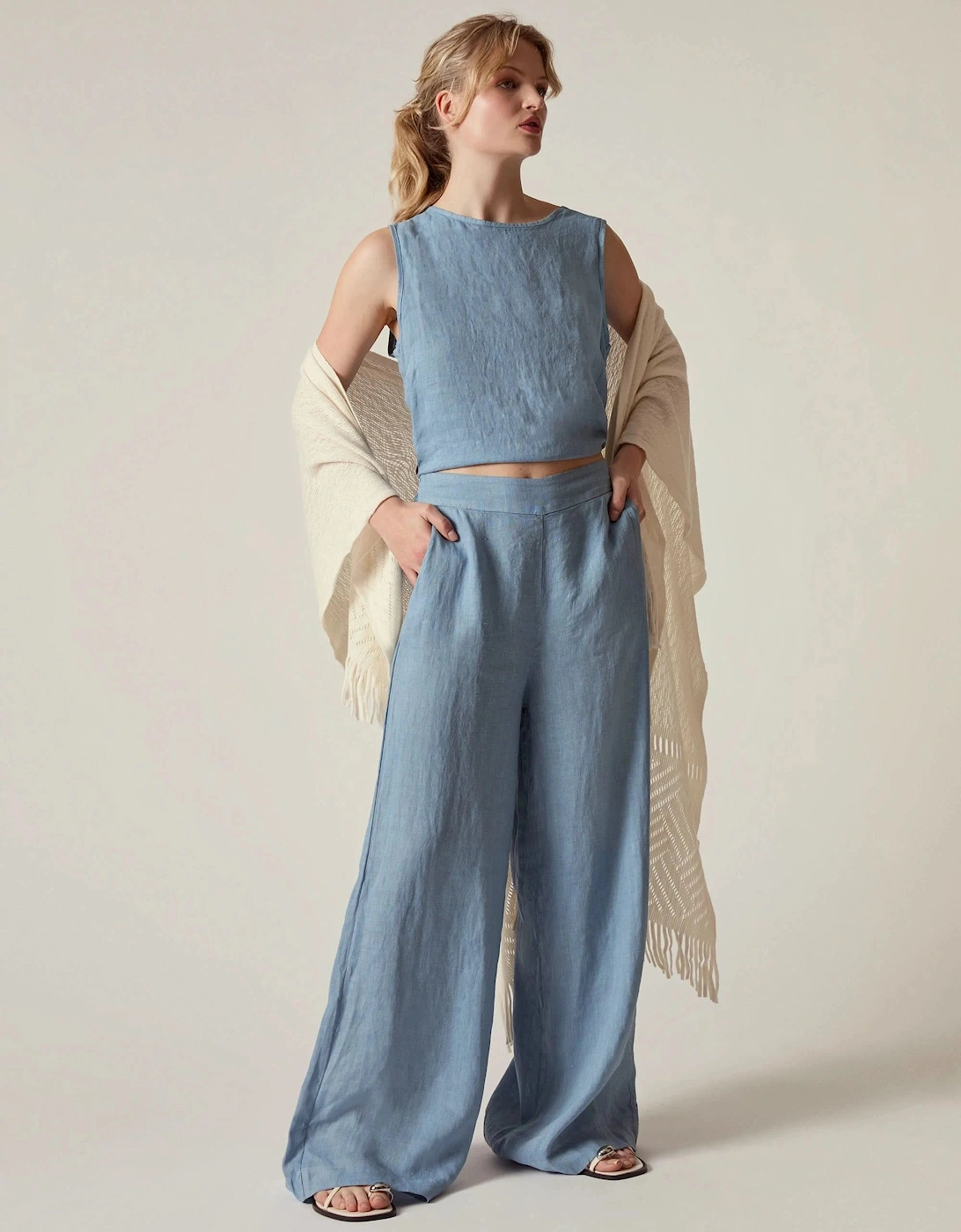 Denim Blue Linen Wide-Leg Trousers